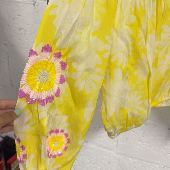 TAJ Off Shoulder Sequin Floral Yellow Crop Top - Long Sleeve - Summer Top - Picture 2 of 4
